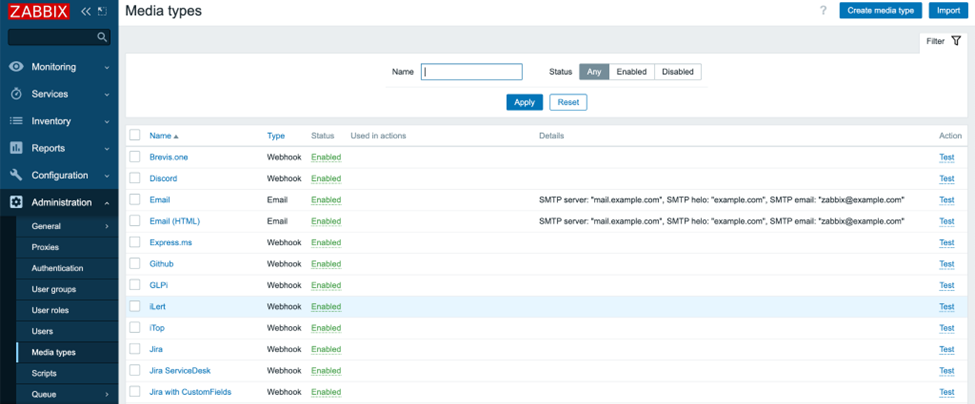 Zabbix Media types page showing webhook integrations.