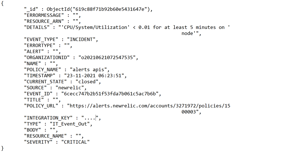Event Out parsed objects showing New Relic incident webhook payload.