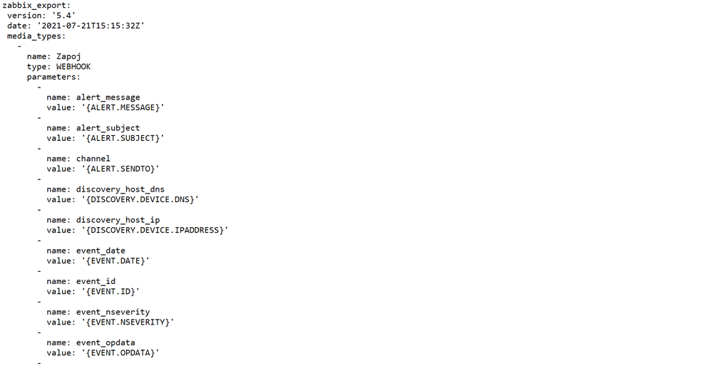 YAML configuration showing webhook media type setup for Zabbix.