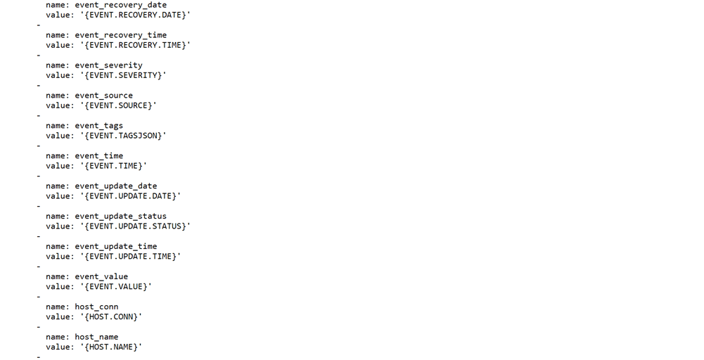 YAML configuration showing additional webhook event parameter mappings for Zabbix.