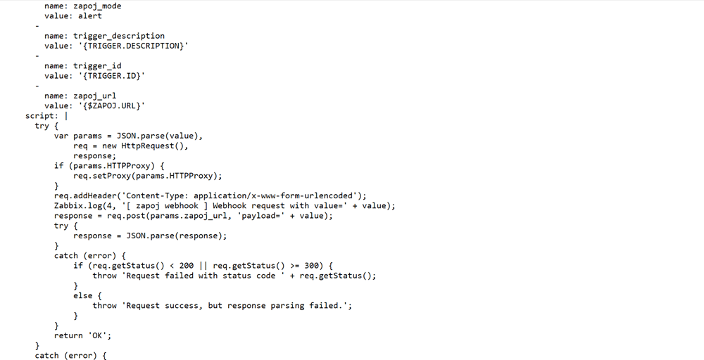 YAML configuration showing webhook script logic for Zabbix integration.