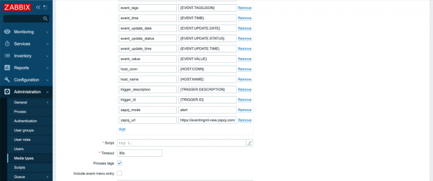 Zabbix Media Type configuration page showing URL parameter update for webhook integration.