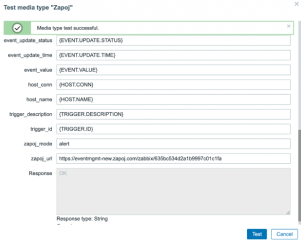 Zabbix Test Media Type dialog showing webhook test execution.