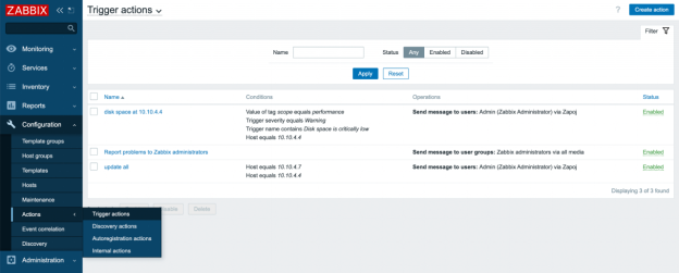 Zabbix Trigger Actions page showing configuration of webhook media type.
