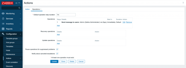 Zabbix Actions page showing operations setup for alert notifications.