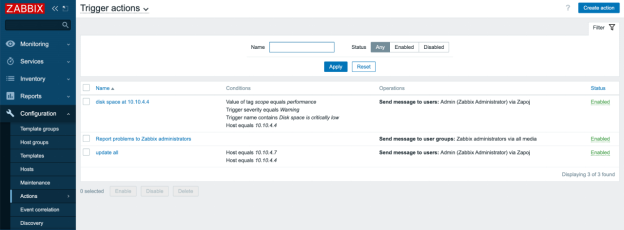 Zabbix Trigger Actions page showing created rule sets for alerts.