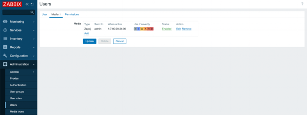 Zabbix Users page showing media type assignment for notifications.