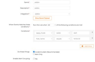 Rule Set configuration showing conditions setup for Zabbix integration.