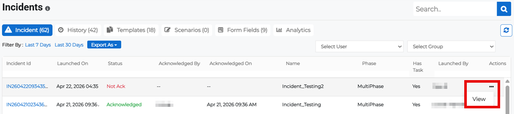 Incidents page showing Actions menu with view option for an incident.