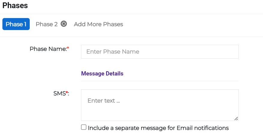 Phases section showing phase setup and message details.