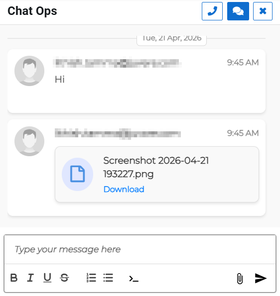 Chat Ops panel showing messaging interface for the incident.