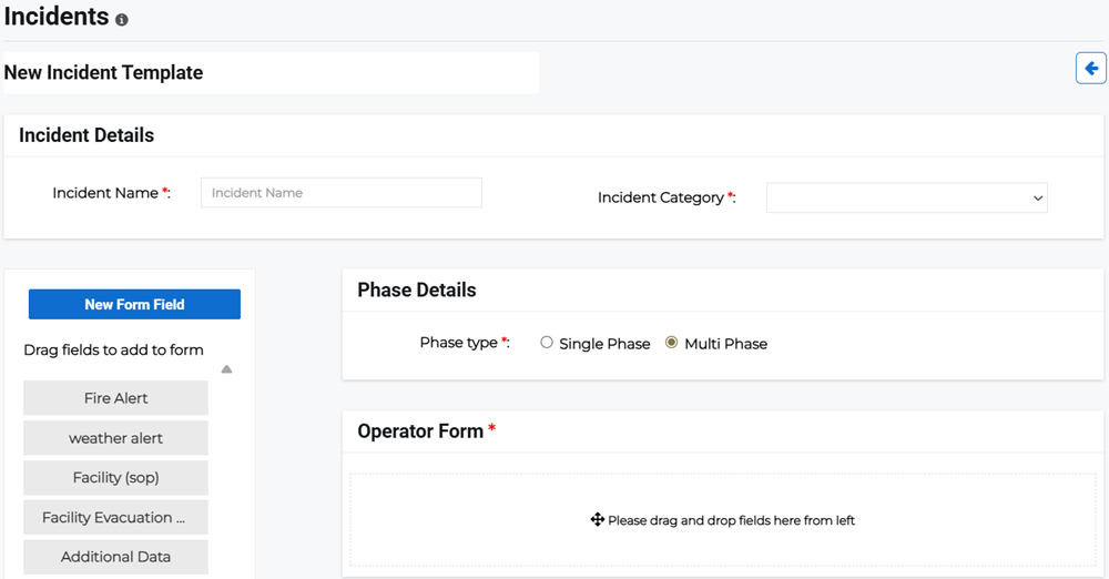 New Incident Template page showing incident details, phases, and form setup.