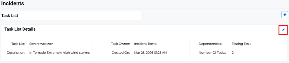 Task List Details page showing edit option for a template.
