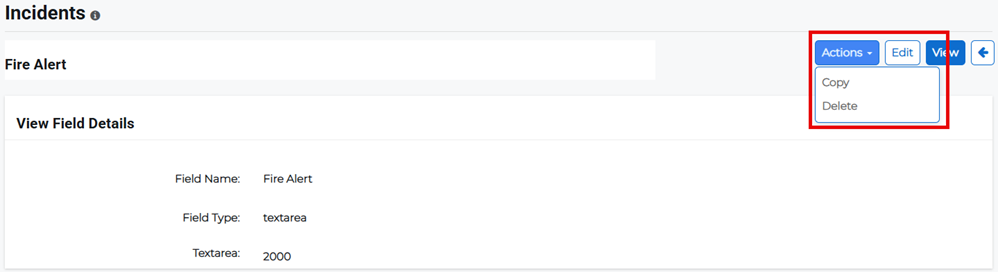 Form Field Details page showing Actions menu with copy option.