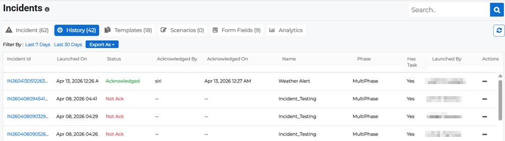 History tab on the Incidents page showing list of all incidents.
