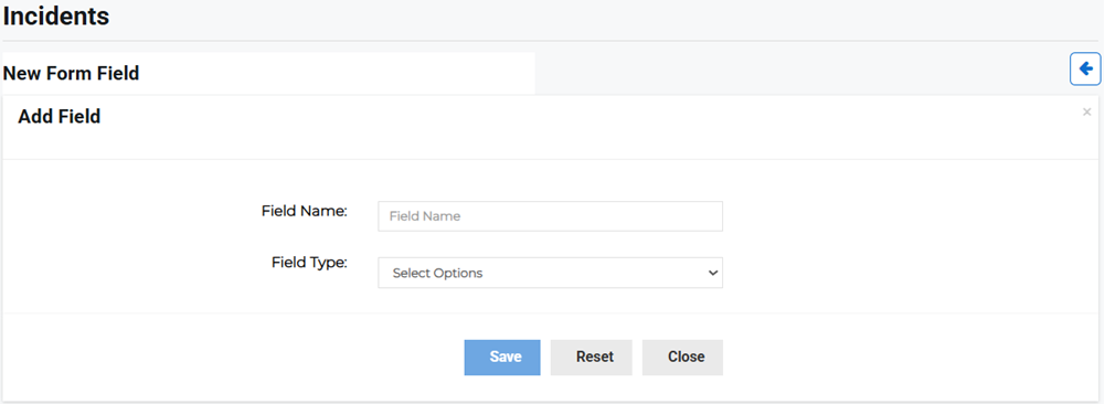 New Form Field page showing field name and type options.