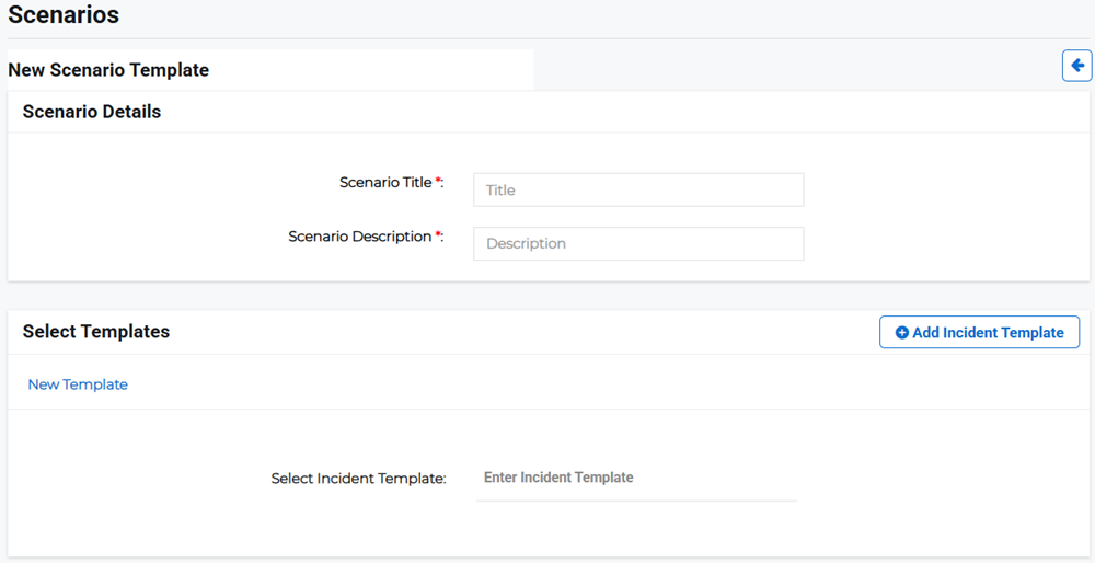 New Scenario Template page showing scenario details and template selection.
