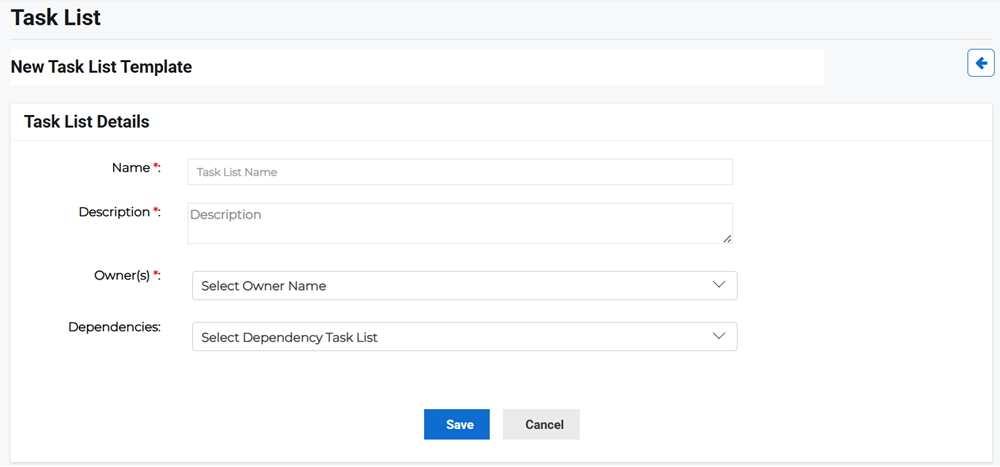 New Task List Template page showing task list details fields.