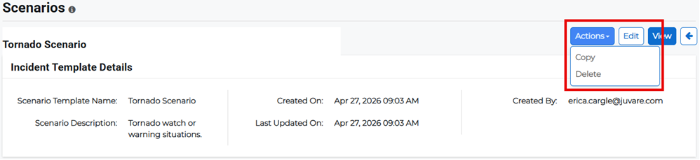 Scenario Details page showing Actions menu with copy option.