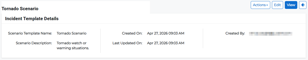 Scenario Details page showing incident template information.