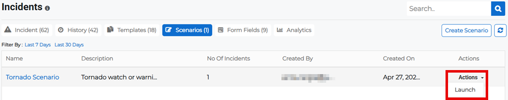 Scenarios tab showing Actions menu with launch option.