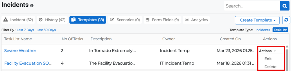 Templates tab showing Actions menu with edit option for a task list template.