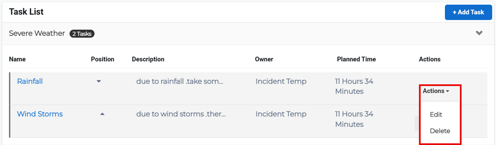 Task List page showing Actions menu with edit option for a task.