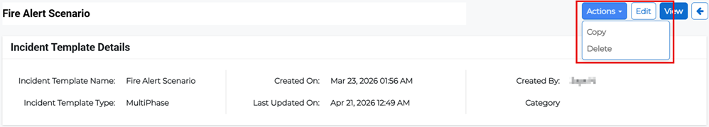 Incident Template Details page showing Actions menu with copy option.