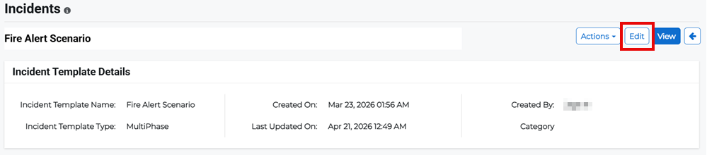 Incident Template Details page showing edit option.