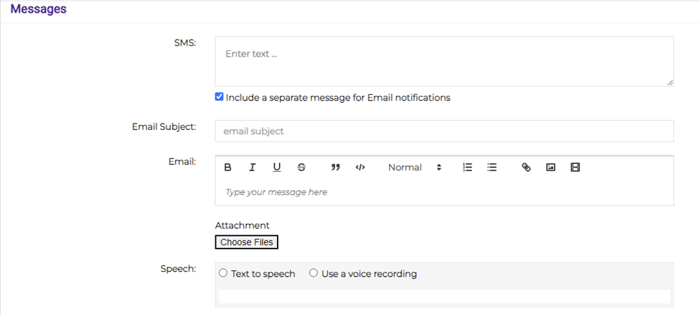 Messages section showing SMS, email, attachments, and speech options.