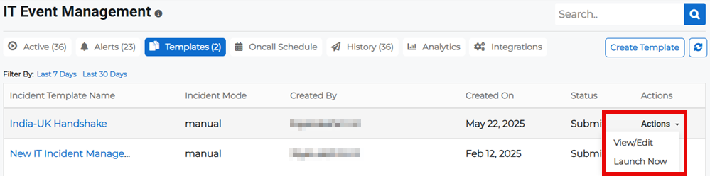 IT Event Templates tab showing Actions menu with Launch Now option.