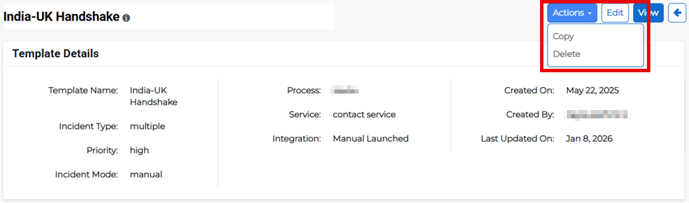 IT Event Template Details page showing Actions menu with copy option.