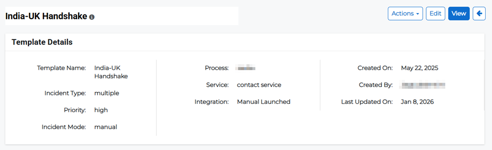 IT Event Template Details page showing template information.