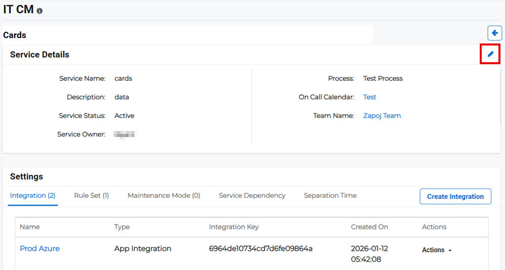 Service Details page showing edit option for service information.