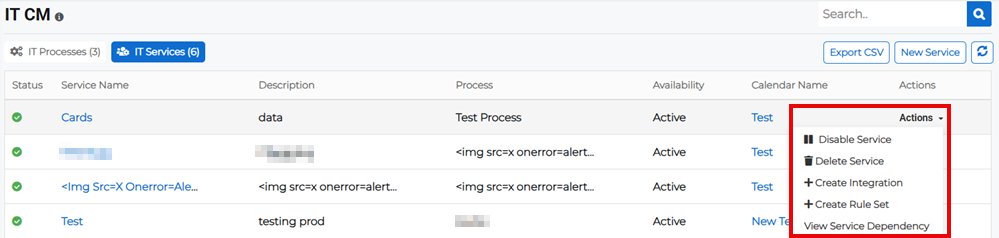 IT Services tab showing Actions menu with disable service option.