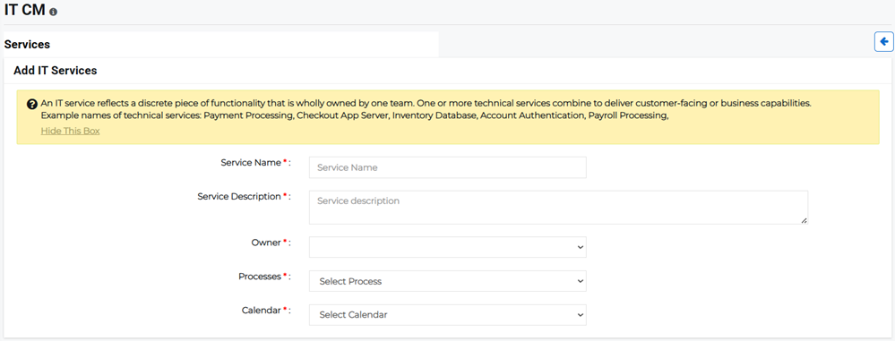 Add IT Service page showing service details and configuration fields.