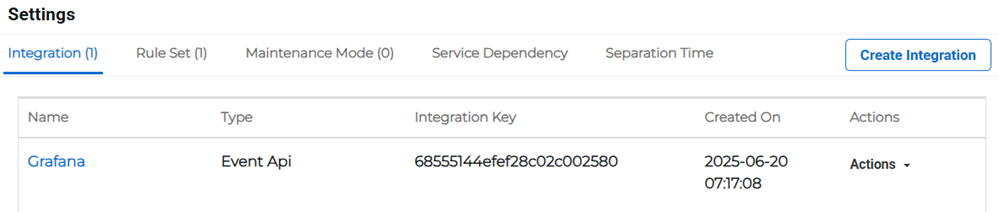 Settings section on the Service Details page showing integration options.