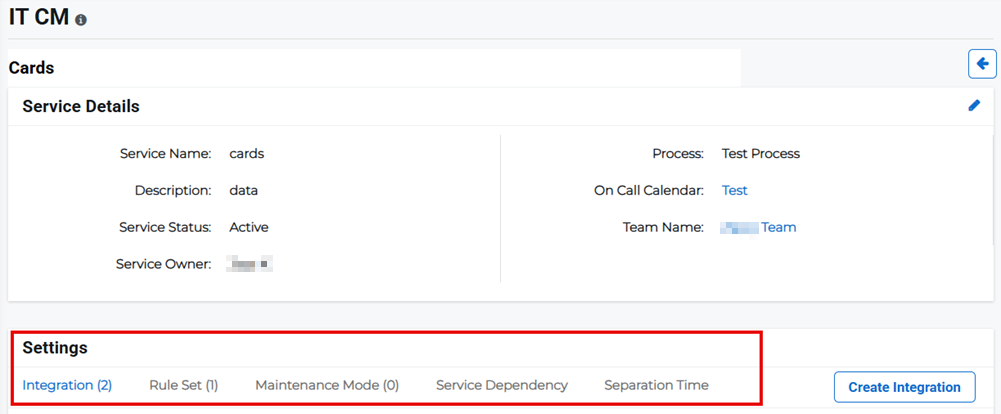 Service Details page showing Settings section for IT service configuration.