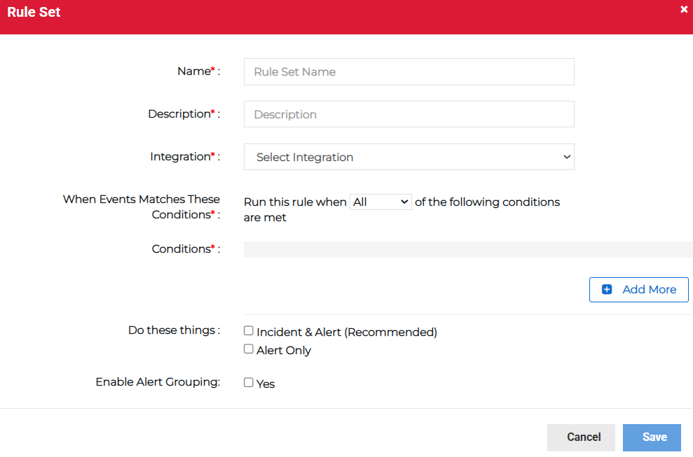 Rule Set dialog showing fields for creating a new rule set.