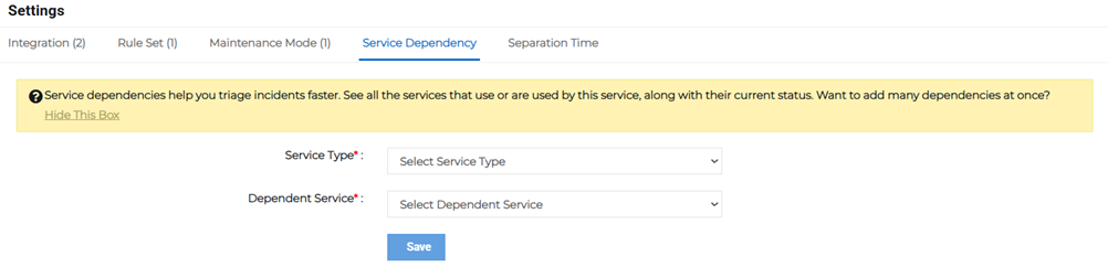 Service Dependency tab showing service type and dependent service fields.
