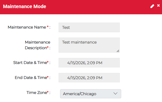 Maintenance Mode dialog showing edit option and maintenance details.