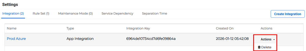 Integration tab showing Actions menu with delete option.