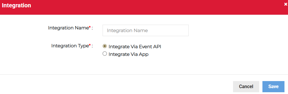 Integration dialog showing integration name and type options.