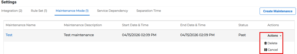 Maintenance Mode tab showing Actions menu with delete and cancel options.