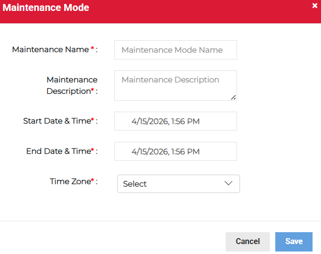 Maintenance Mode dialog showing maintenance details fields.