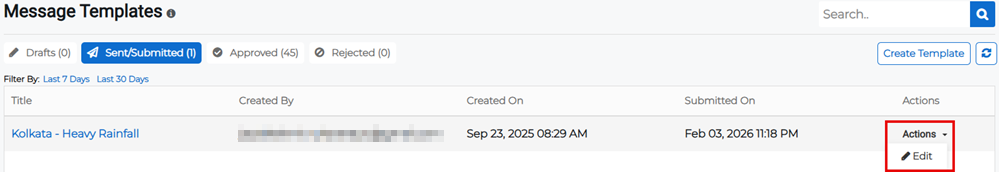 Message Templates page showing Actions menu with edit option.