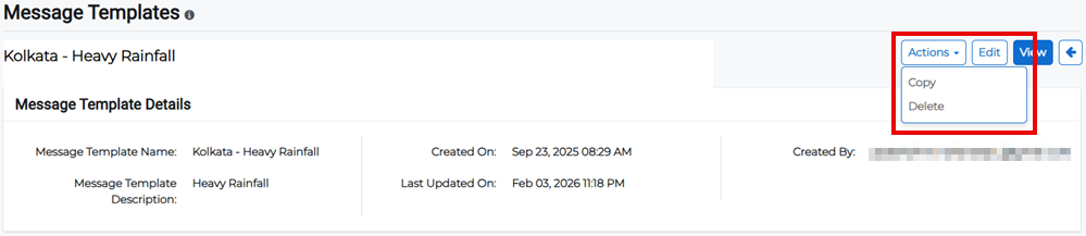 Message Template Details page showing Actions menu with copy option.
