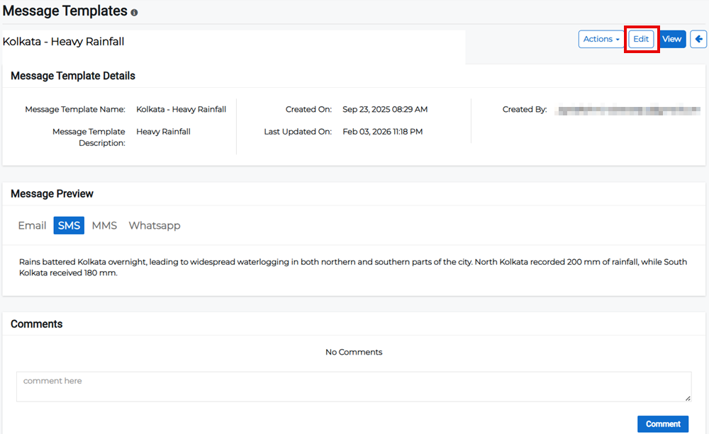 Message Template Details page showing edit option for a template.