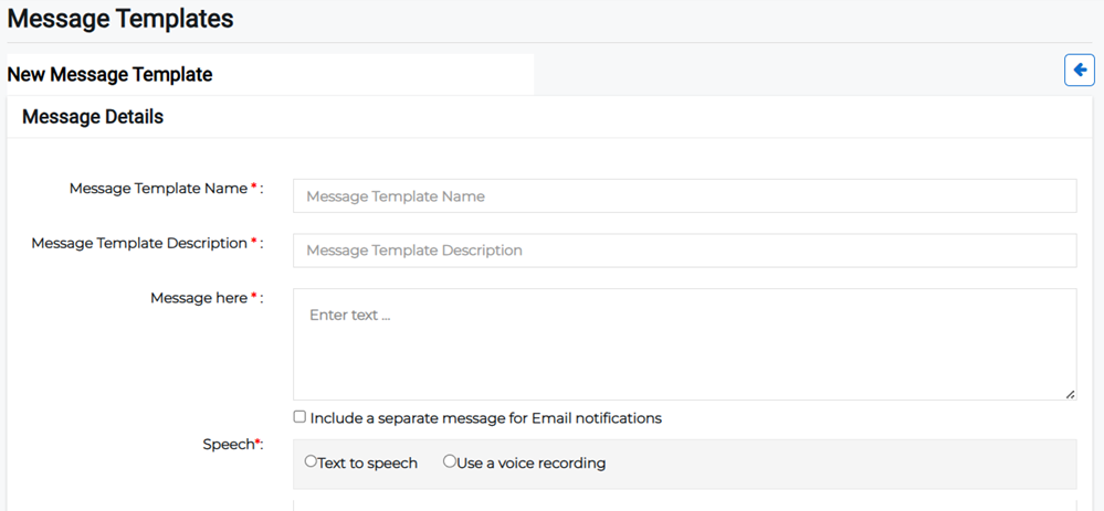 New Message Template page showing message details fields.
