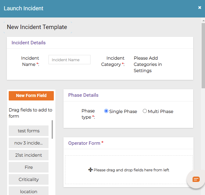 Launch Incident dialog showing new incident template creation.
